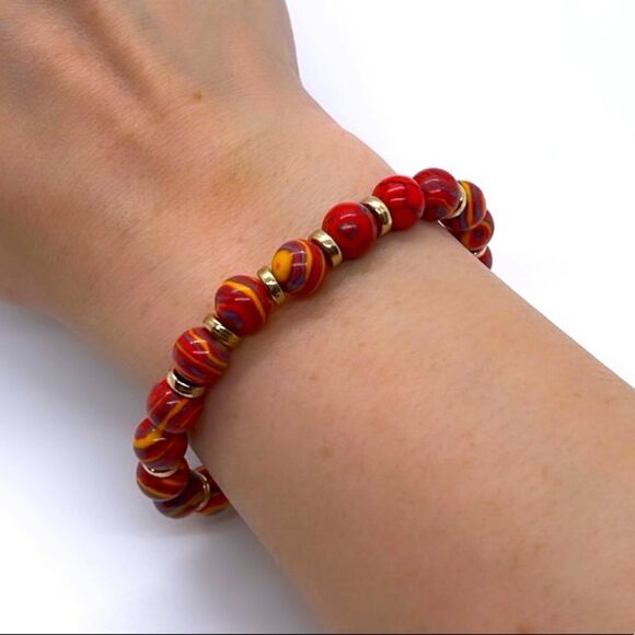 NWT Wool + Pepper Co. Red Malachite & Gold Beaded Bracelet - Picture 4 of 4